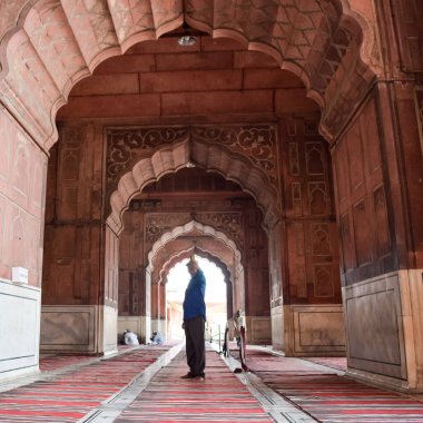 Delhi, Hindistan - 15 Nisan 2022: Tanımlanamayan Hintli turistler Ramzan sezonunda Jama Mescid 'i ziyaret ediyorlar, Delhi 6, Hindistan. Jama Mescidi Hindistan 'daki en büyük ve belki de en görkemli camidir.