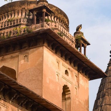 Orchha, Madhya Pradesh, Hindistan, Orchha kayıp şehir Hindistan, Hindistan arkeolojik siteleri Kraliyet Cenotapları (Chhatris) Sabah Görüşü