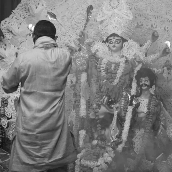 Bogini Durga Tradycyjnym Spojrzeniem Bliska South Kalkuta Durga Puja Durga — Zdjęcie stockowe