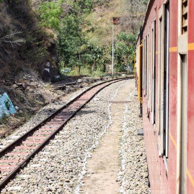 Oyuncak tren dağ yamaçlarında hareket ediyor, güzel bir manzara, bir dağ yamacı, bir vadi yamaçtan tepeye hareket ediyor, yeşil doğal ormanın arasında. Kalka 'dan Shimla' ya giden oyuncak tren Hindistan 'da.