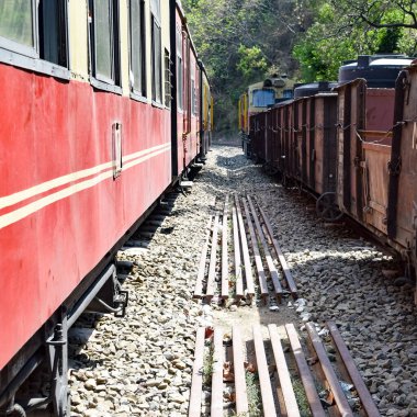 Oyuncak tren dağ yamaçlarında hareket ediyor, güzel bir manzara, bir dağ yamacı, bir vadi yamaçtan tepeye hareket ediyor, yeşil doğal ormanın arasında. Kalka 'dan Shimla' ya giden oyuncak tren Hindistan 'da.