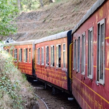 Oyuncak tren dağ yamaçlarında hareket ediyor, güzel bir manzara, bir dağ yamacı, bir vadi yamaçtan tepeye hareket ediyor, yeşil doğal ormanın arasında. Kalka 'dan Shimla' ya giden oyuncak tren Hindistan 'da.