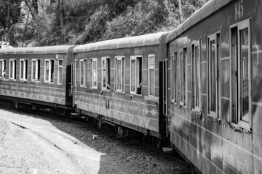Oyuncak tren dağ yamacında, güzel bir manzara, bir dağ, bir vadi yeşil doğal ormanların arasında, tepeye giden demiryolu üzerinde hareket ediyor. Oyuncak tren Kalka 'dan Shimla' ya Hindistan-Siyah ve Beyaz