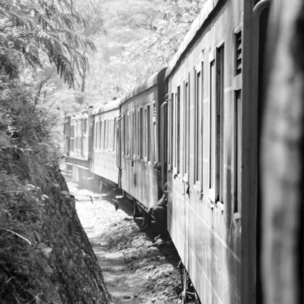 Toy Train Movendo Encosta Montanha Bela Vista Uma Montanha Lateral — Fotografia de Stock