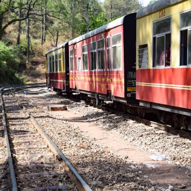 Oyuncak tren dağ yamaçlarında hareket ediyor, güzel bir manzara, bir dağ yamacı, bir vadi yamaçtan tepeye hareket ediyor, yeşil doğal ormanın arasında. Kalka 'dan Shimla' ya giden oyuncak tren Hindistan 'da.