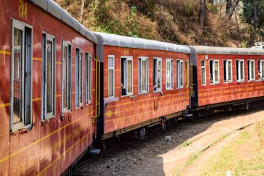 Oyuncak tren dağ yamaçlarında hareket ediyor, güzel bir manzara, bir dağ yamacı, bir vadi yamaçtan tepeye hareket ediyor, yeşil doğal ormanın arasında. Kalka 'dan Shimla' ya giden oyuncak tren Hindistan 'da.