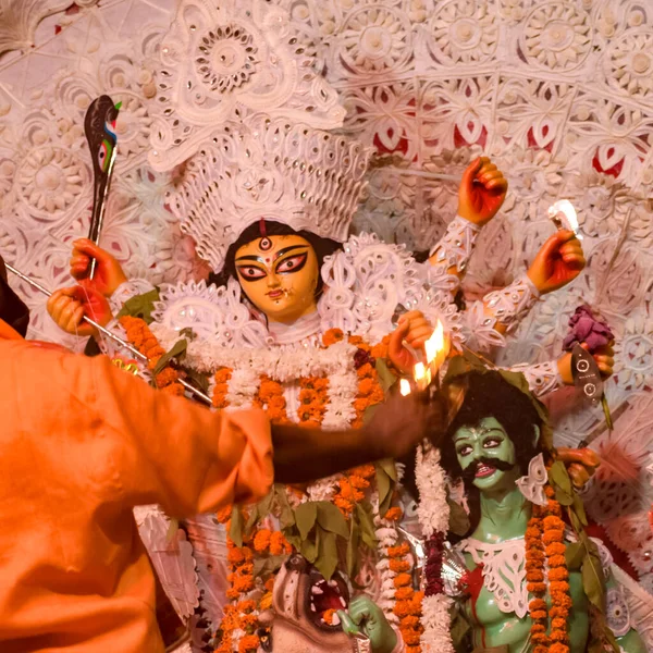 Deusa Durga Com Olhar Tradicional Vista Perto South Kolkata Durga — Fotografia de Stock