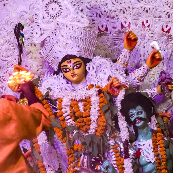 Goddess Durga with traditional look in close up view at a South Kolkata Durga Puja, Durga Puja Idol, A biggest Hindu Navratri festival in India