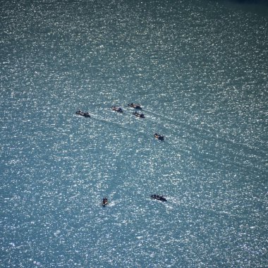 Akşam vakti Nainital, Uttarakhand, Hindistan 'daki Mall Yolu' nun yanındaki Naini Gölü 'nün manzarası dağlarla ve mavi gökyüzüyle güzel Nainital Gölü manzarası.