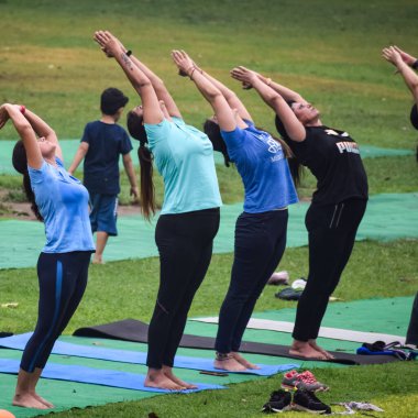 Yeni Delhi, Hindistan, 18 Haziran 2022 Lodhi Garden Parkı 'nda farklı yaşlarda insanlar için grup yoga sınıfı. Uluslararası Yoga Günü, büyük bir grup yetişkin parkta yoga dersine katılıyor.