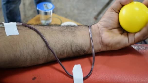 Bloeddonor Het Bloeddonatiekamp Gehouden Met Een Stuiterbal Hand Balaji Temple — Stockvideo