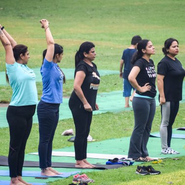 Yeni Delhi, Hindistan, 18 Haziran 2022 - Lodhi Garden 'da farklı yaşlarda insanlar için grup yoga sınıfı Surya Namaskar, Uluslararası Yoga Günü, parkta yoga dersine katılan büyük bir grup yetişkin
