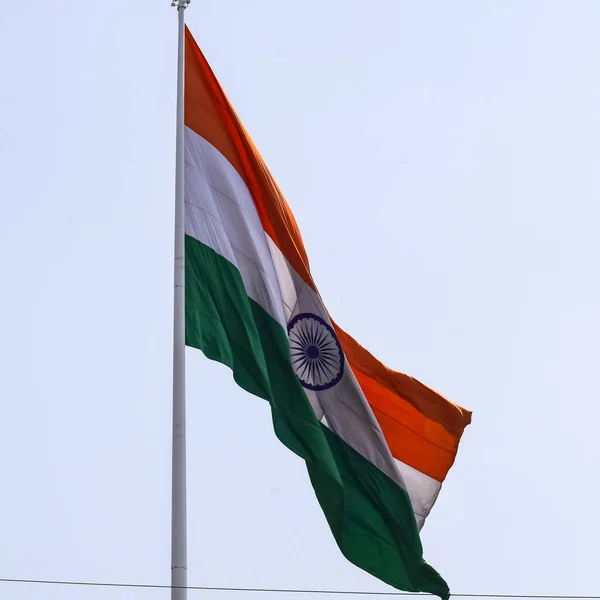 Indien Flagga Högt Connaught Place Med Stolthet Blå Himmel Indien — Stockfoto