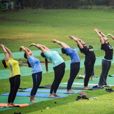 Yeni Delhi, Hindistan, 18 Haziran 2022 - Lodhi Garden 'da farklı yaşlarda insanlar için grup yoga sınıfı Surya Namaskar, Uluslararası Yoga Günü, parkta yoga dersine katılan büyük bir grup yetişkin
