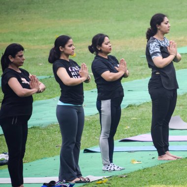 Yeni Delhi, Hindistan, 18 Haziran 2022 - Lodhi Garden 'da farklı yaşlarda insanlar için grup yoga sınıfı Surya Namaskar, Uluslararası Yoga Günü, parkta yoga dersine katılan büyük bir grup yetişkin