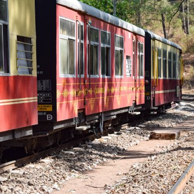 Oyuncak tren dağ yamaçlarında hareket ediyor, güzel bir manzara, bir dağ yamacı, bir vadi yamaçtan tepeye hareket ediyor, yeşil doğal ormanın arasında. Hindistan 'da Kalka' dan Shimla 'ya giden oyuncak tren, Hint treni.