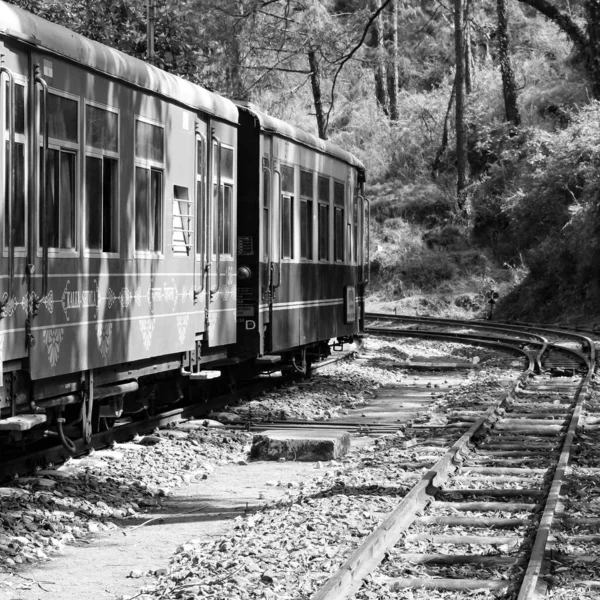 Toy Train moving on mountain slope, beautiful view, one side mountain, one side valley moving on railway to the hill, among green natural forest.Toy train from Kalka to Shimla in India-Black and White