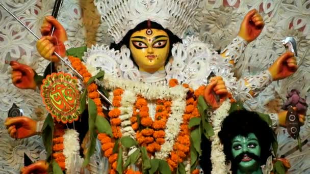 Gudinnan Durga Med Traditionell Look Närbild South Kolkata Durga Puja — Stockvideo