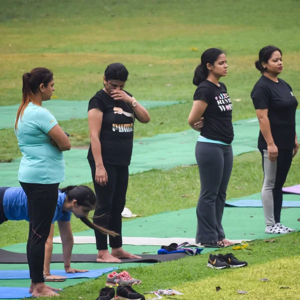 Yeni Delhi, Hindistan, 18 Haziran 2022 - Lodhi Garden 'da farklı yaşlarda insanlar için grup yoga sınıfı Surya Namaskar, Uluslararası Yoga Günü, parkta yoga dersine katılan büyük bir grup yetişkin