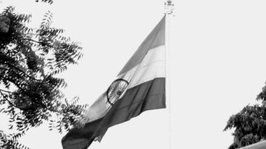 India flag flying high at Connaught Place with pride in blue sky, India flag fluttering, Indian Flag on Independence Day and Republic Day of India, tilt up shot, Waving Indian flag, Har Ghar Tiranga