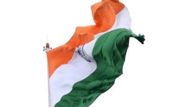India flag flying high at Connaught Place with pride in blue sky, India flag fluttering, Indian Flag on Independence Day and Republic Day of India, tilt up shot, Waving Indian flag, Har Ghar Tiranga