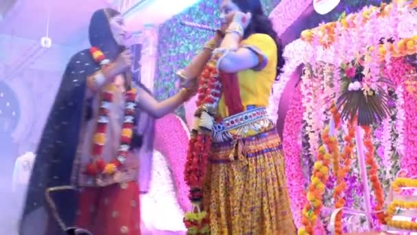 インドのニューデリー 2023年8月13日 かわいいインド人クリシュナとラダがデリー インディアのクリシュナ ヤンマスタミ フェスティバル ヤンマシュタミ祭でのラダ クリシュナのパフォーマンスの機会にドレスアップ — ストック動画