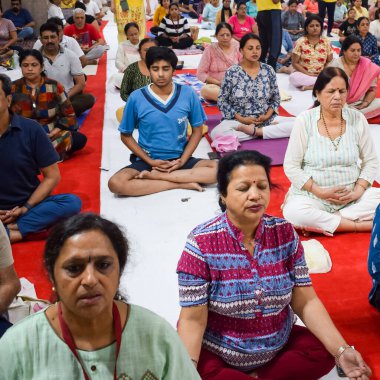 New Delhi, India, June 19 2022 -Group Yoga exercise session for people of different age groups in Balaji Temple, Vivek Vihar, International Yoga Day, Big group of adults attending yoga class in temple