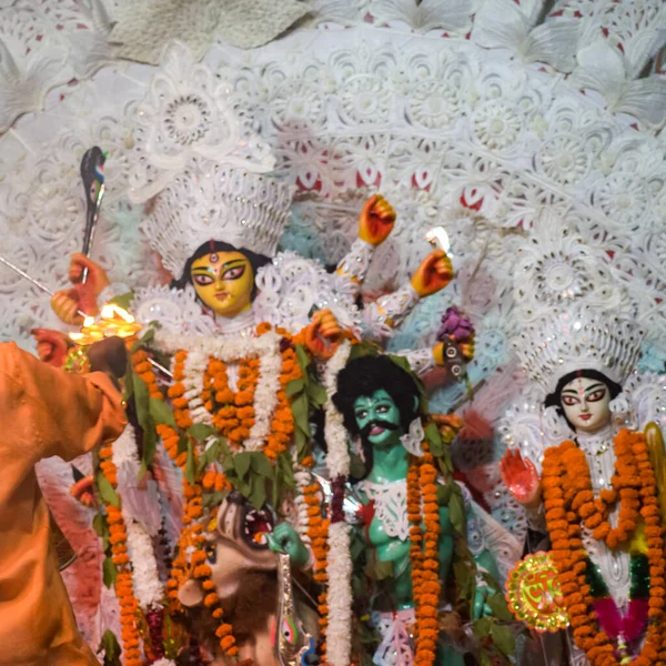 Deusa Durga Com Olhar Tradicional Vista Perto South Kolkata Durga — Fotografia de Stock