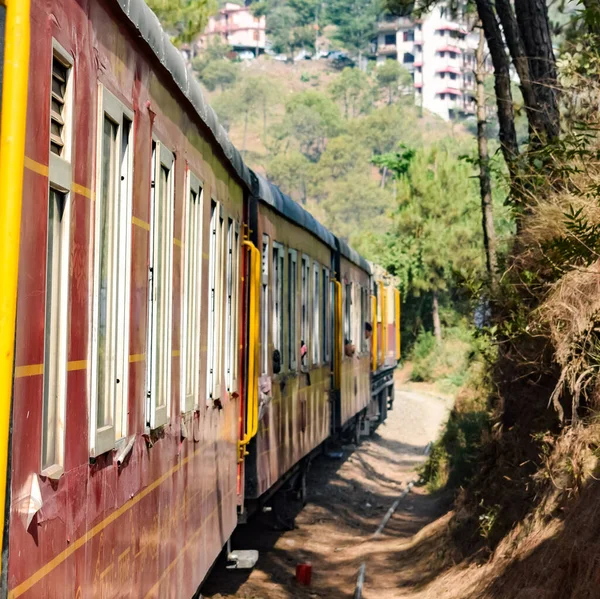 Toy Train Moving Mountain Slopes Beautiful View One Side Mountain — Stok fotoğraf