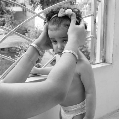 Cute little boy Shivaay sapra at home balcony during summer time, Sweet little boy photoshoot during day light, Little boy enjoying at home during photo shoot Black and White