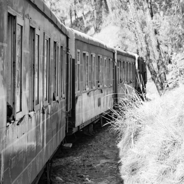 Toy Train moving on mountain slope, beautiful view, one side mountain, one side valley moving on railway to the hill, among green natural forest.Toy train from Kalka to Shimla in India-Black and White