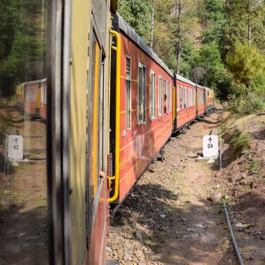 Oyuncak tren dağ yamaçlarında hareket ediyor, güzel bir manzara, bir dağ yamacı, bir vadi yamaçtan tepeye hareket ediyor, yeşil doğal ormanın arasında. Hindistan 'da Kalka' dan Shimla 'ya giden oyuncak tren, Hint treni.