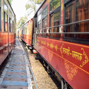 Oyuncak tren dağ yamaçlarında hareket ediyor, güzel bir manzara, bir dağ yamacı, bir vadi yamaçtan tepeye hareket ediyor, yeşil doğal ormanın arasında. Hindistan 'da Kalka' dan Shimla 'ya giden oyuncak tren, Hint treni.