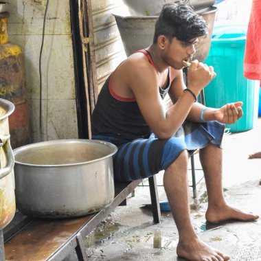 Old Delhi, India, April 15, 2022 - Unidentified group of men walking the streets of Old Delhi, Street Photography of Chandni Chowk market of Old Delhi during morning time, Old Delhi Street Photography
