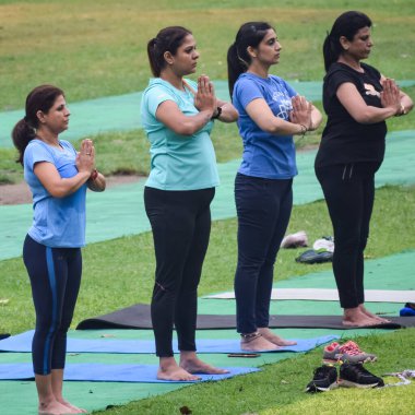 Yeni Delhi, Hindistan, 18 Haziran 2022 - Lodhi Garden 'da farklı yaşlarda insanlar için grup yoga sınıfı Surya Namaskar, Uluslararası Yoga Günü, parkta yoga dersine katılan büyük bir grup yetişkin