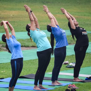 Yeni Delhi, Hindistan, 18 Haziran 2022 - Lodhi Garden 'da farklı yaşlarda insanlar için grup yoga sınıfı Surya Namaskar, Uluslararası Yoga Günü, parkta yoga dersine katılan büyük bir grup yetişkin