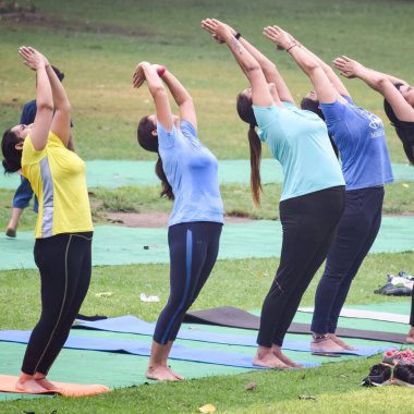 Yeni Delhi, Hindistan, 18 Haziran 2022 - Lodhi Garden 'da farklı yaşlarda insanlar için grup yoga sınıfı Surya Namaskar, Uluslararası Yoga Günü, parkta yoga dersine katılan büyük bir grup yetişkin