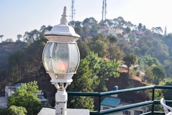 Early morning view of Modern rooftop restaurant at Kasauli, Himachal Pradesh in India, View of mountain hills from open air restaurant in Kasauli, Kasauli Rooftop restaurant