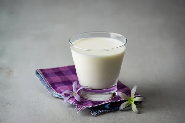 Milch Glas Milch Über Lila Kariertem Stoff Auf Grauem Hintergrund — Stockfoto