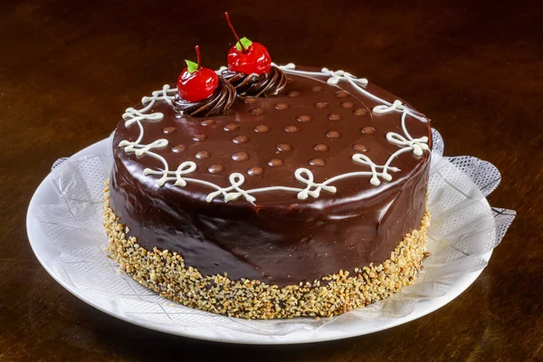 Torta Chocolate Mesa Madeira Escura — Fotografia de Stock