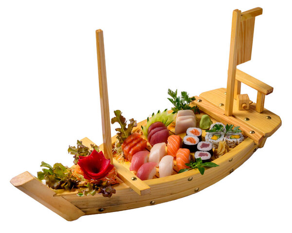 Japanese food mix including sushi and sashimi on wooden barge. — Stock Image Japanese Food Mix Including Sushi Sashimi Wooden Barge Stock Image