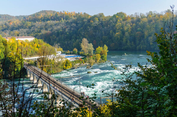 Rhine Falls or Rheinfall is the largest waterfall in Europe Schaffhausen, Switzerland on October 21, 2012. — Stock Image Rhine Falls Rheinfall Largest Waterfall Europe Schaffhausen Switzerland October 2012 Stock Picture