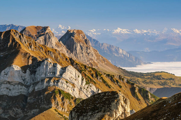 Swiss Alps mountain range seen from the peak Chaserrugg, Switzerland on October 24, 2012. — Stock Image Swiss Alps Mountain Range Seen Peak Chaserrugg Switzerland October 2012 Stock Picture
