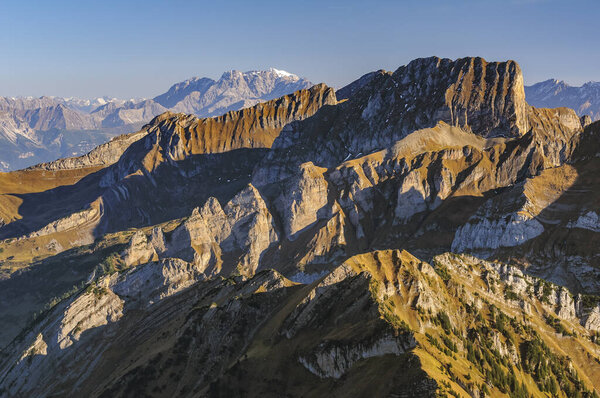 Swiss Alps mountain range seen from the peak Chaserrugg, Switzerland on October 24, 2012. — Stock Image Swiss Alps Mountain Range Seen Peak Chaserrugg Switzerland October 2012 Royalty Free Stock Images
