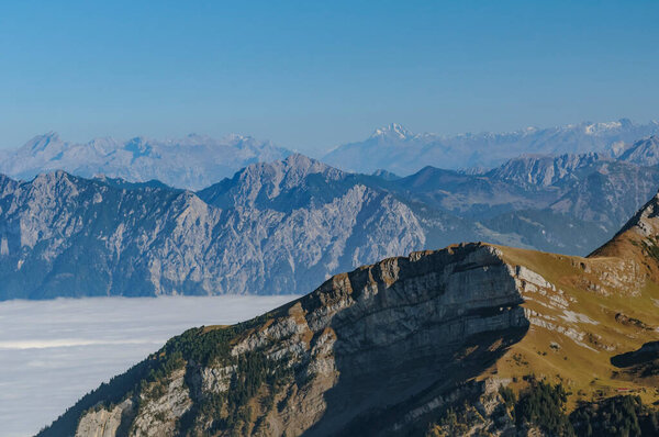 Swiss Alps mountain range seen from the peak Chaserrugg, Switzerland on October 24, 2012. — Stock Image Swiss Alps Mountain Range Seen Peak Chaserrugg Switzerland October 2012 Royalty Free Stock Photos