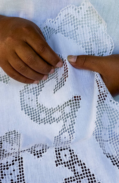 Handmade brazilian renaissance lace. Craftsman hands in close-up. Brazilian handicraft. — Stock Image Handmade Brazilian Renaissance Lace Craftsman Hands Close Brazilian Handicraft Royalty Free Stock Images
