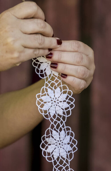 Handmade Brazilian lace crochet. Close-up artisan hands crocheting. — Stock Image Handmade Brazilian Lace Crochet Close Artisan Hands Crocheting Stock Image