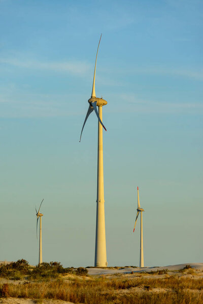 Tramandai wind farm, Rio Grande do Sul, Brazil on May 14, 2016. Late afternoon light. — Stock Image Tramandai Wind Farm Rio Grande Sul Brazil May 2016 Late Stock Image