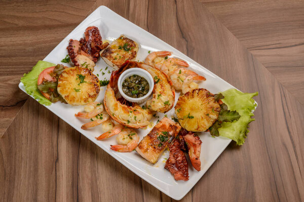 Seafood Lobster Shrimp Octopus Fish White Bowl Wooden Table Brazilian Stock Picture
