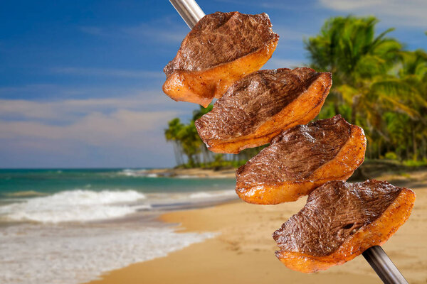 Barbecue Picanha Grilled Skewers Brazilian Beach Scene Background Royalty Free Stock Images